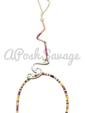 Silver Wave, Bent Wire Design Neon & Metallic Glass Beaded Hand Chain Bracelet